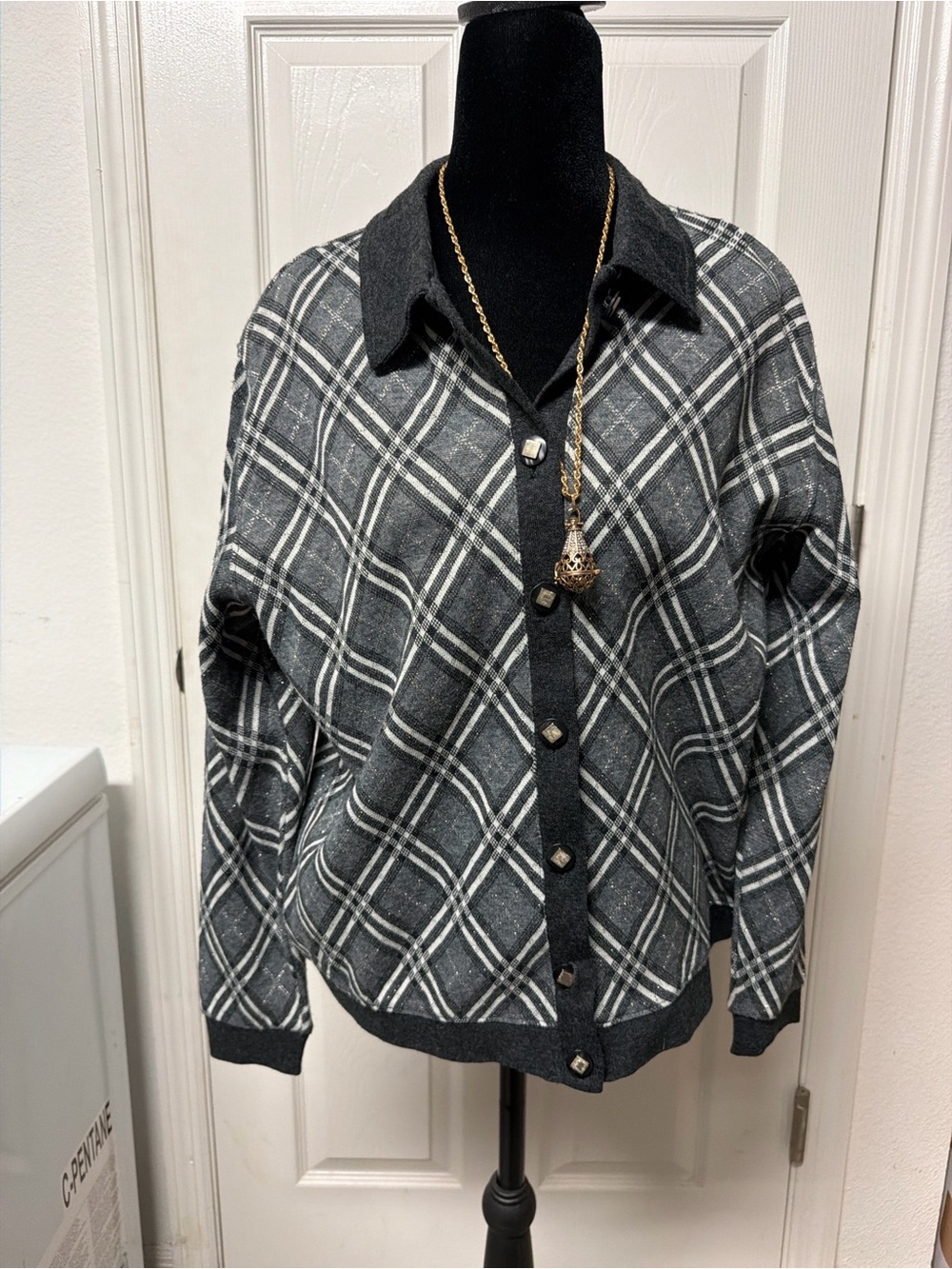 Vintage Inspired Plaid Shimmer Button Cardigan Sweater